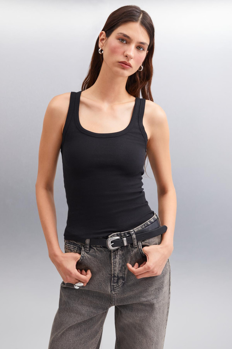 ROMINA Kadın ORGANIK PAMUKLU Fitilli Esnek Kumaşlı Siyah Atlet