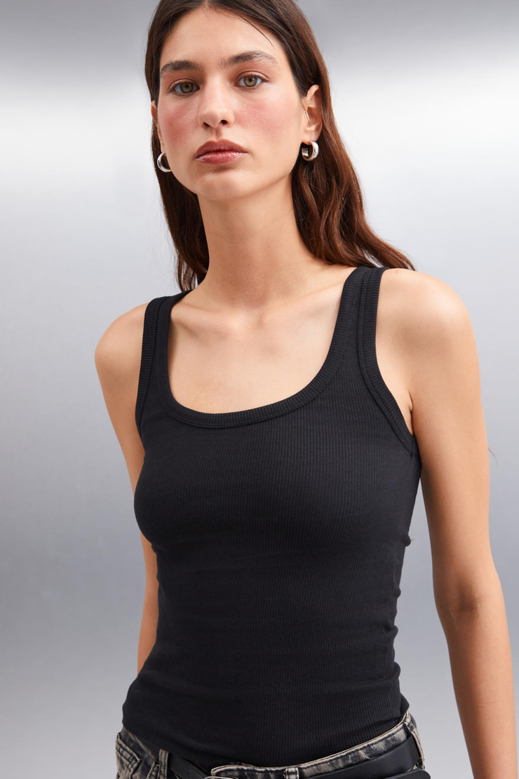 ROMINA Kadın ORGANIK PAMUKLU Fitilli Esnek Kumaşlı Siyah Atlet