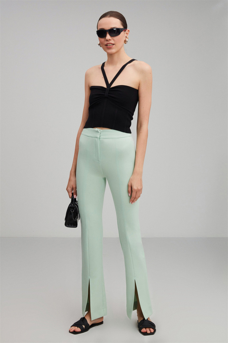 RUBY Mint Yeşil Kadın Düz Renk   Paçası Yırtmaç Detaylı Dokuma   Pantolon