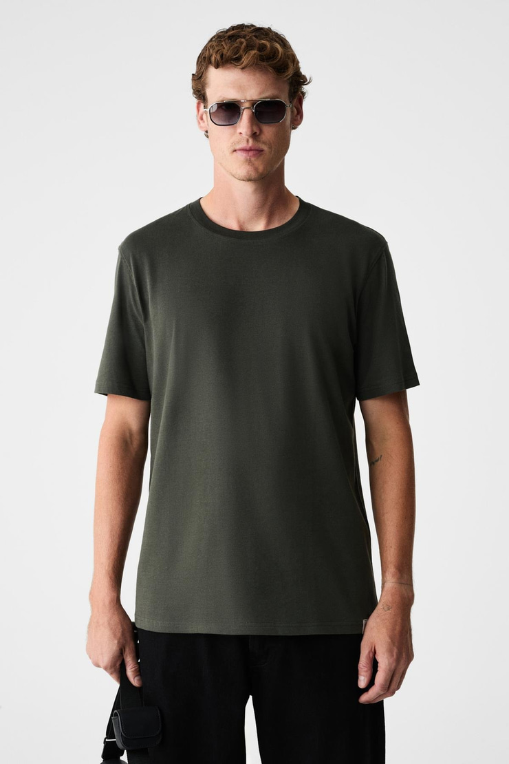 RUDY Erkek %100 Organik Pamuk Nefes Alan İç Göstermeyen Bisiklet Yaka Basic Haki T-Shirt