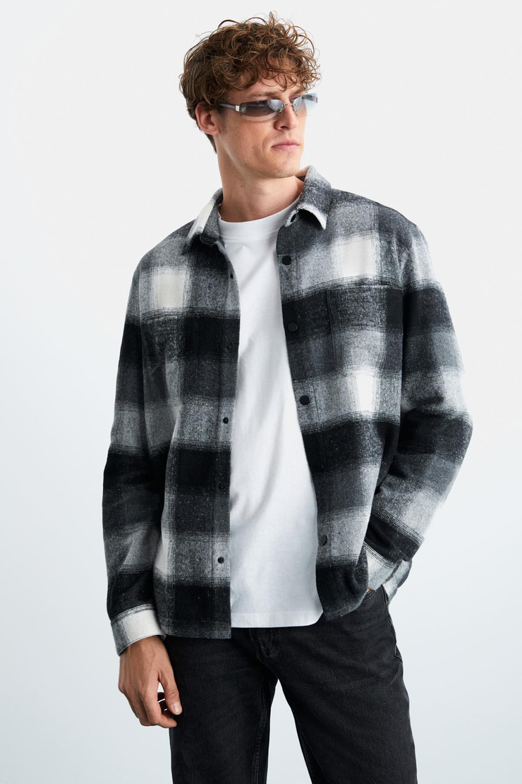 Sagan Erkek Relaxed Fit Rahat Kalıp Oduncu Gömlek Yaka Sıcak Tutan Siyah Gömlek