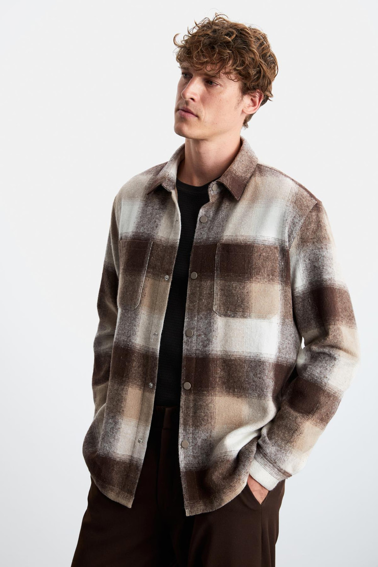 Sagan Erkek Relaxed Fit Rahat Kalıp Oduncu Gömlek Yaka Sıcak Tutan Bej Gömlek