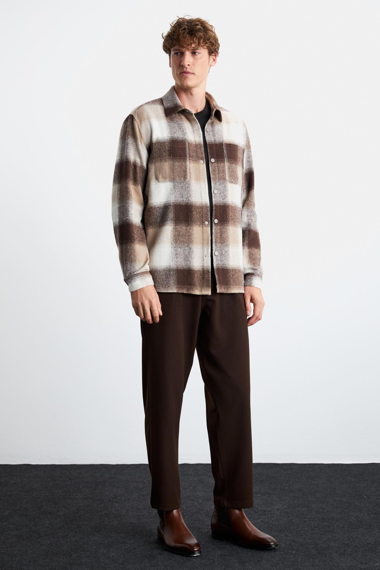 Sagan Erkek Relaxed Fit Rahat Kalıp Oduncu Gömlek Yaka Sıcak Tutan Bej Gömlek