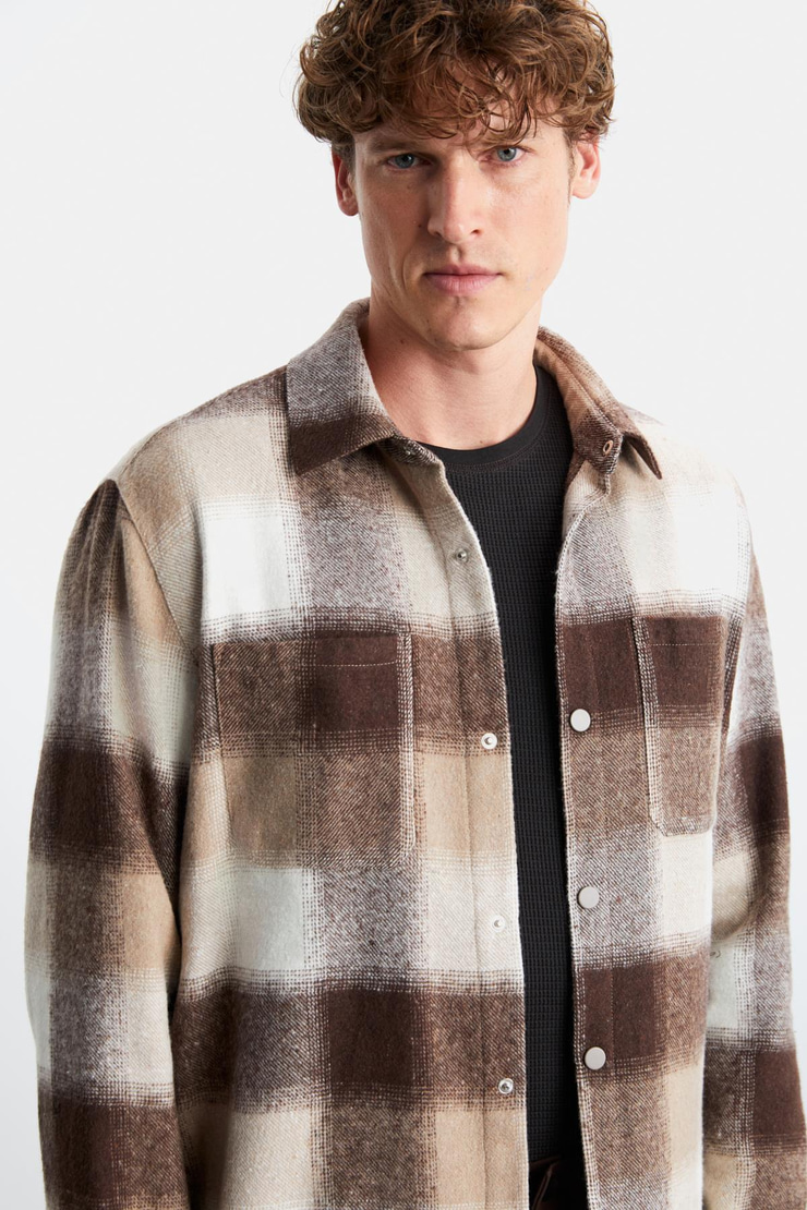 Sagan Erkek Relaxed Fit Rahat Kalıp Oduncu Gömlek Yaka Sıcak Tutan Bej Gömlek