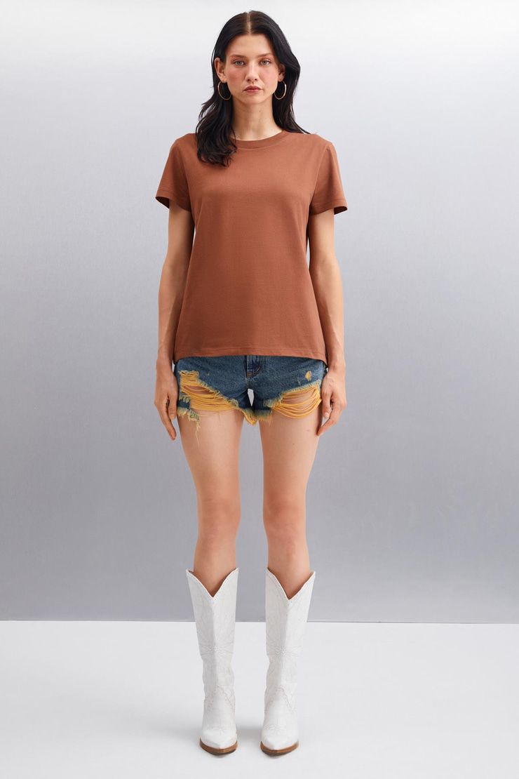 SAMANTHA Kadın Comfort Fit %100 Organik Pamuklu Basic Örme Kahverengi T-Shirt