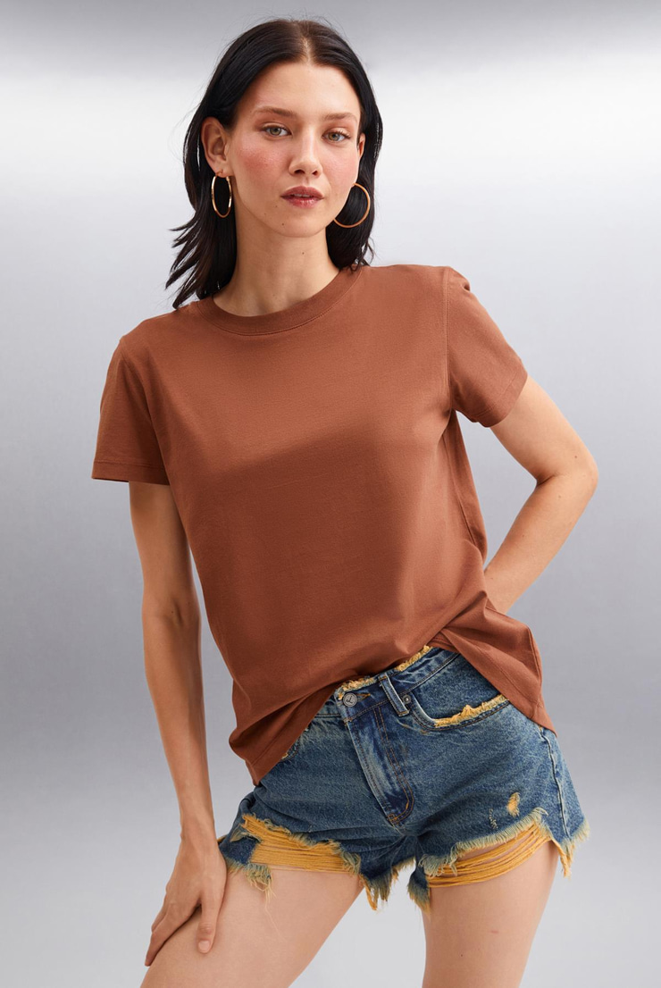 SAMANTHA Kadın Comfort Fit %100 Organik Pamuklu Basic Örme Kahverengi T-Shirt