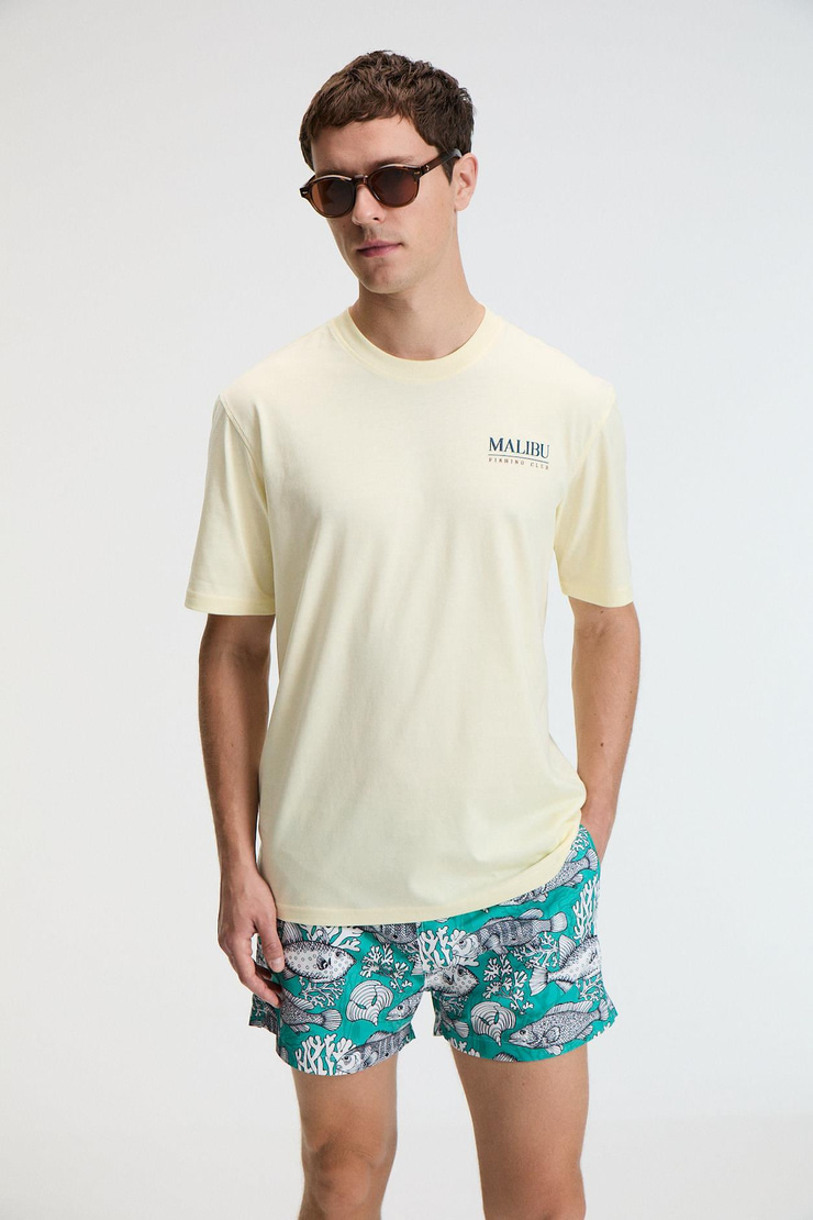 SAVOR Erkek Oversize %100 Pamuk Baskılı Yuvarlak Yaka Sarı T-Shirt