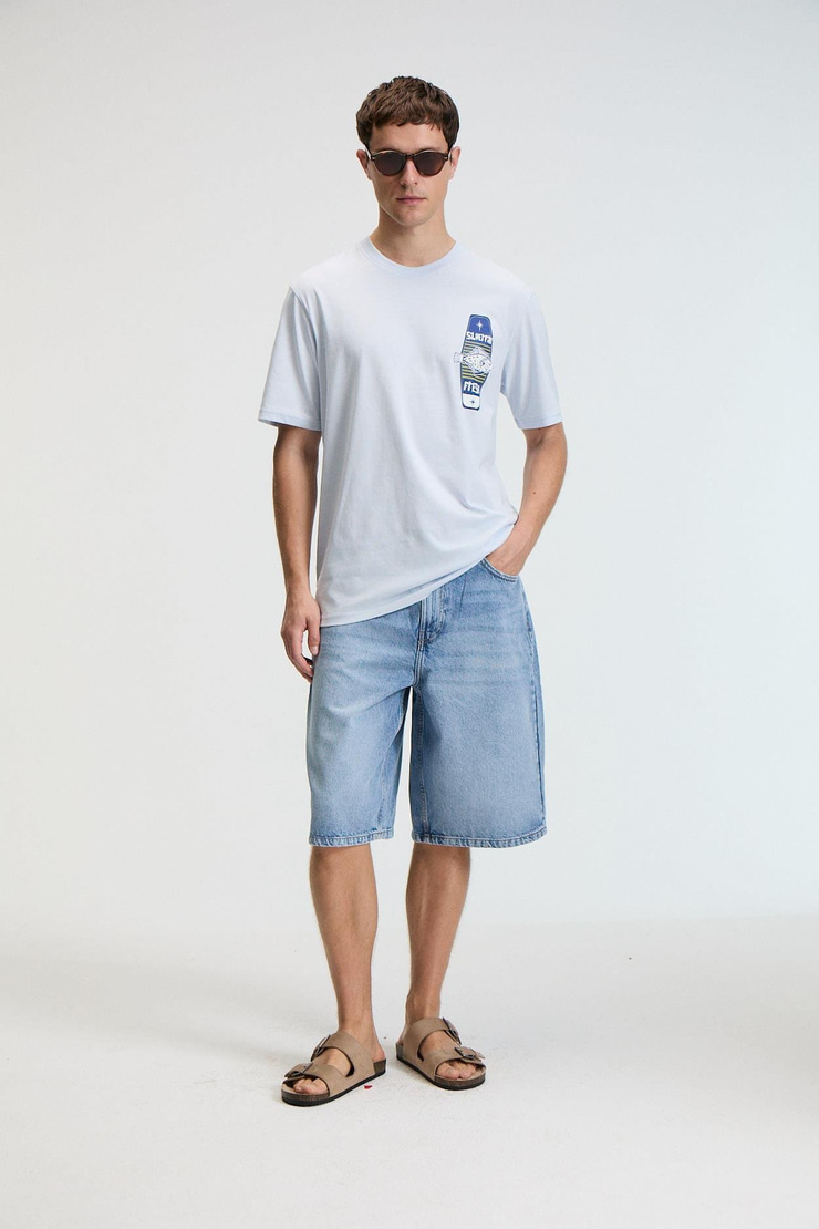 SAVOR Erkek Oversize %100 Pamuk Baskılı Yuvarlak Yaka Mavi T-Shirt