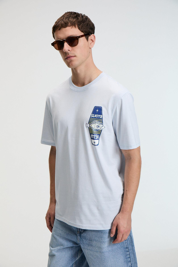 SAVOR Erkek Oversize %100 Pamuk Baskılı Yuvarlak Yaka Mavi T-Shirt