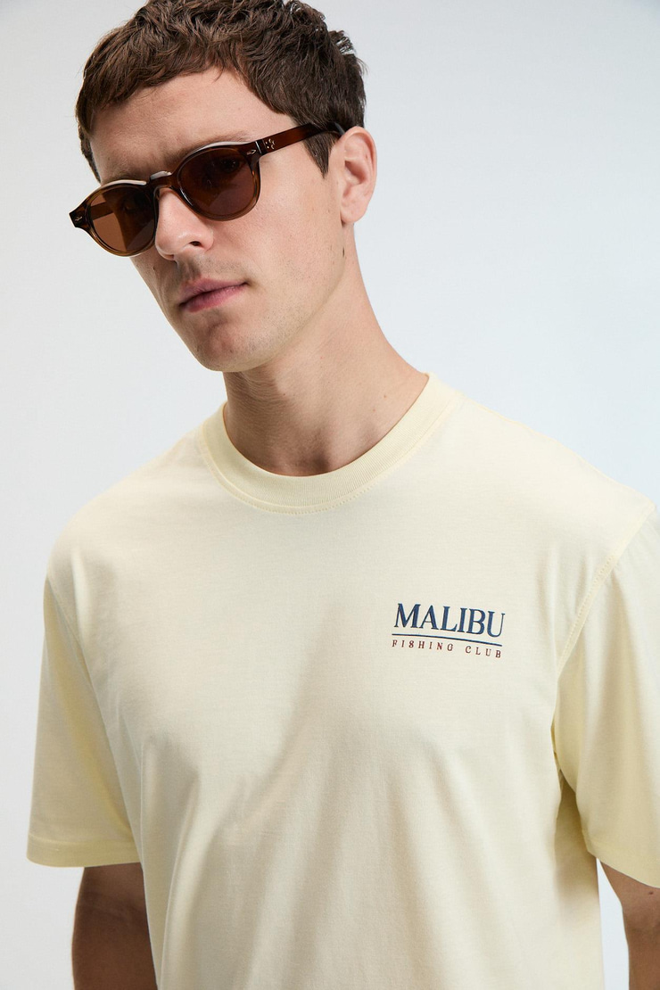 SAVOR Erkek Oversize %100 Pamuk Baskılı Yuvarlak Yaka Sarı T-Shirt