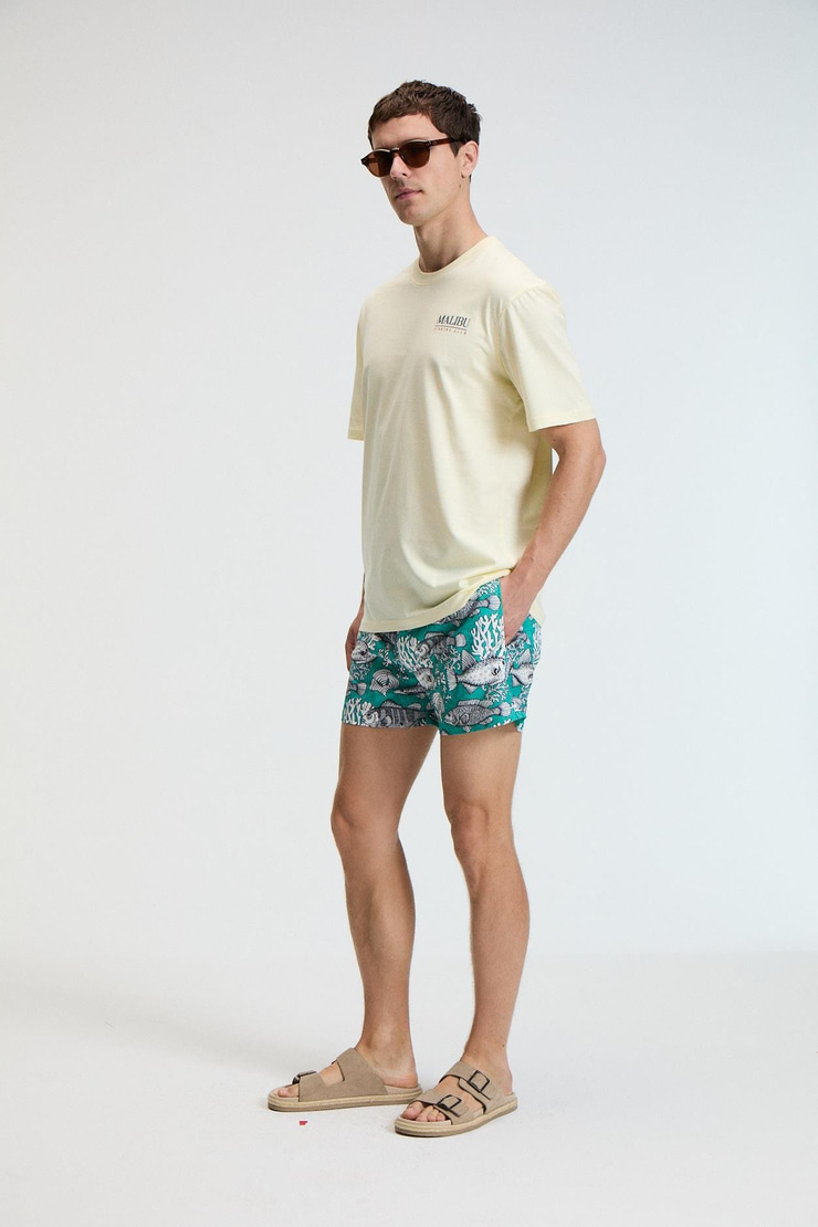 SAVOR Erkek Oversize %100 Pamuk Baskılı Yuvarlak Yaka Sarı T-Shirt