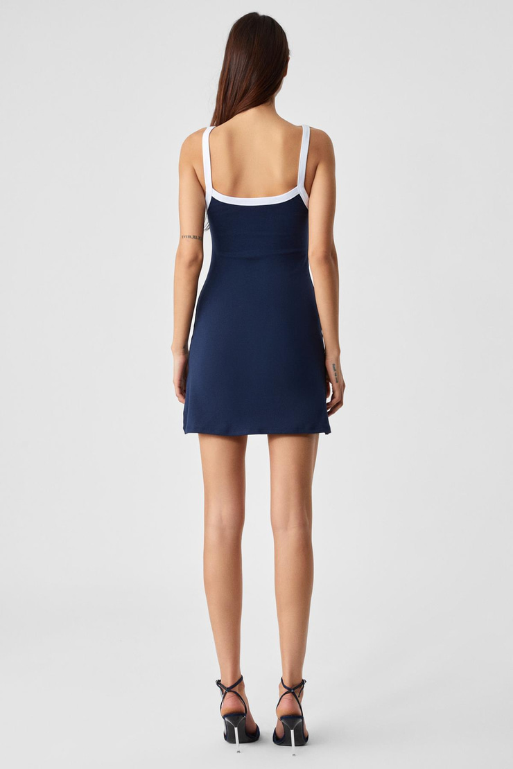 SEFRUN Kadın Askılı Yaka Regular Kolsuz Kısa Lacivert Elbise