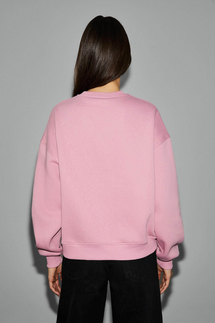 SERENYA Kadın Pamuklu Etiket Detaylı Bisiklet Yaka Pembe Sweatshirt