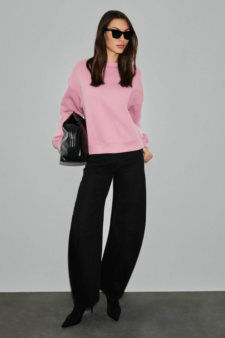 SERENYA Kadın Pamuklu Etiket Detaylı Bisiklet Yaka Pembe Sweatshirt