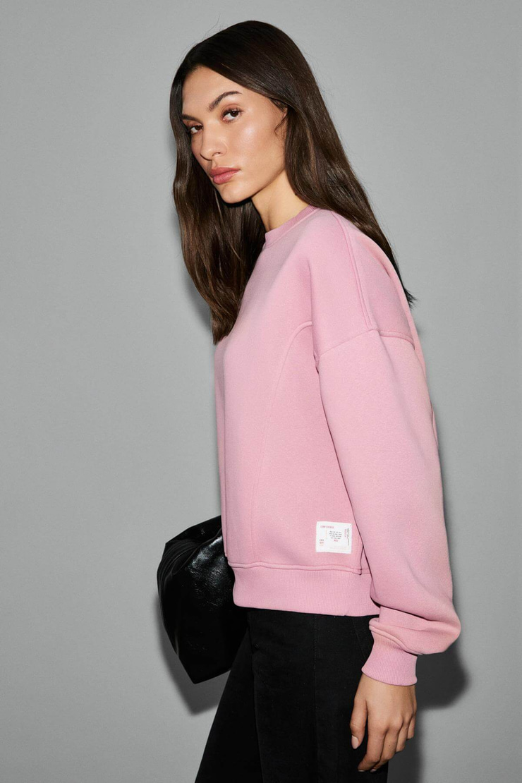 SERENYA Kadın Pamuklu Etiket Detaylı Bisiklet Yaka Pembe Sweatshirt