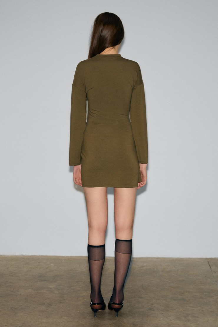 SEVLEY Kadın Yumuşak Ve Esnek Kumaşlı Yuvarlak Yakalı Bağlama Detaylı Mini Haki Elbise