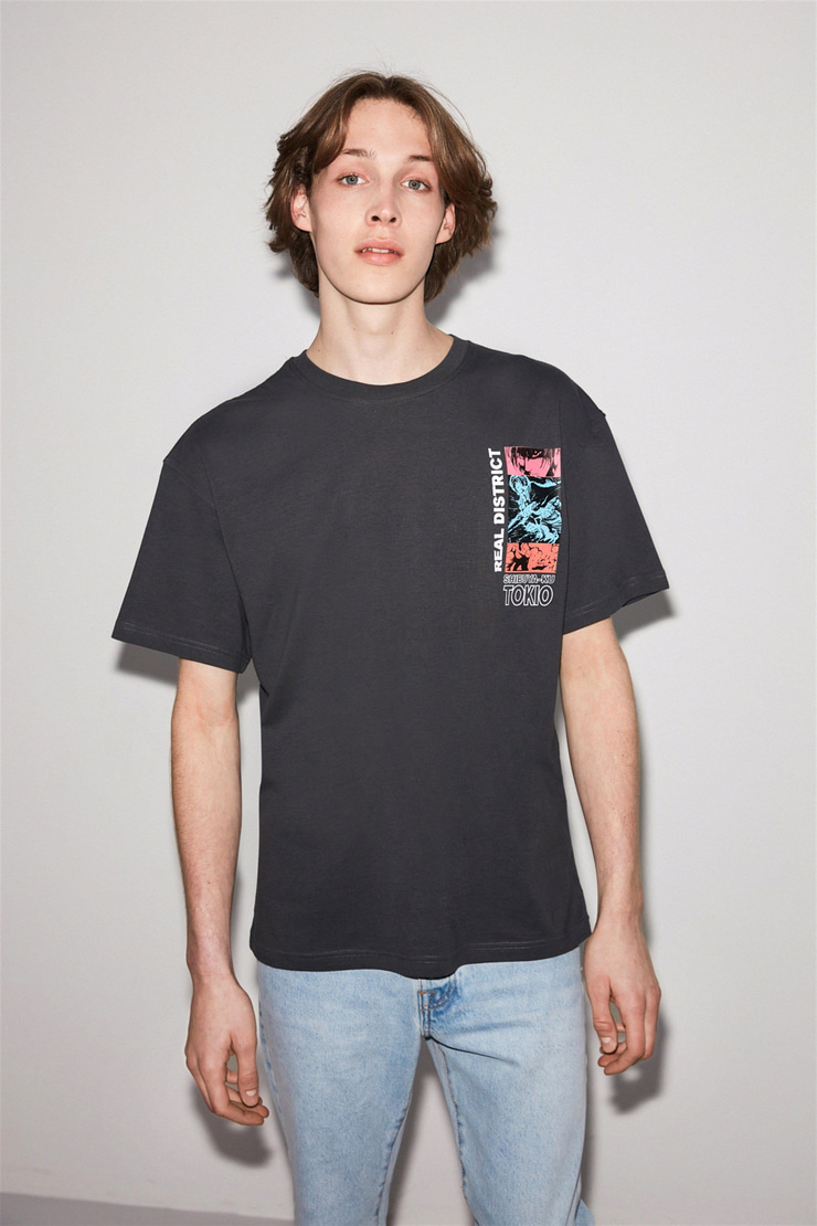 SHIBUYA Erkek Koyu Gri Baskılı Yuvarlak Yaka Oversize T-Shirt