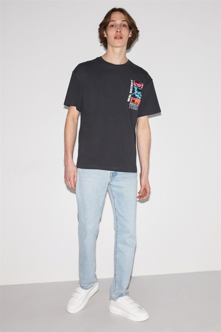 SHIBUYA Erkek Koyu Gri Baskılı Yuvarlak Yaka Oversize T-Shirt