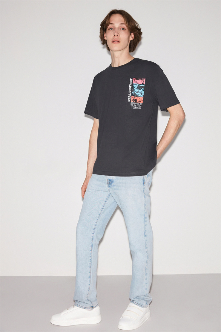 SHIBUYA Erkek Koyu Gri Baskılı Yuvarlak Yaka Oversize T-Shirt
