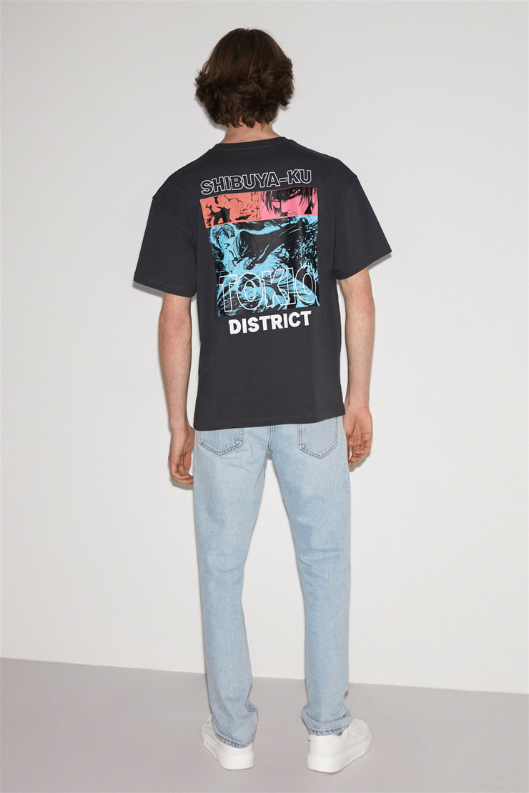 SHIBUYA Erkek Koyu Gri Baskılı Yuvarlak Yaka Oversize T-Shirt