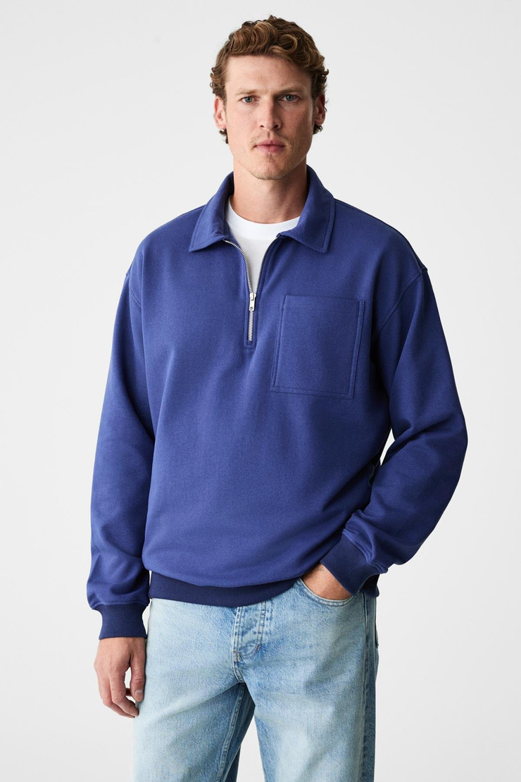 SHIFTD Erkek Bisiklet Yaka Uzun Kollu Fermuarlı İndigo Sweatshirt