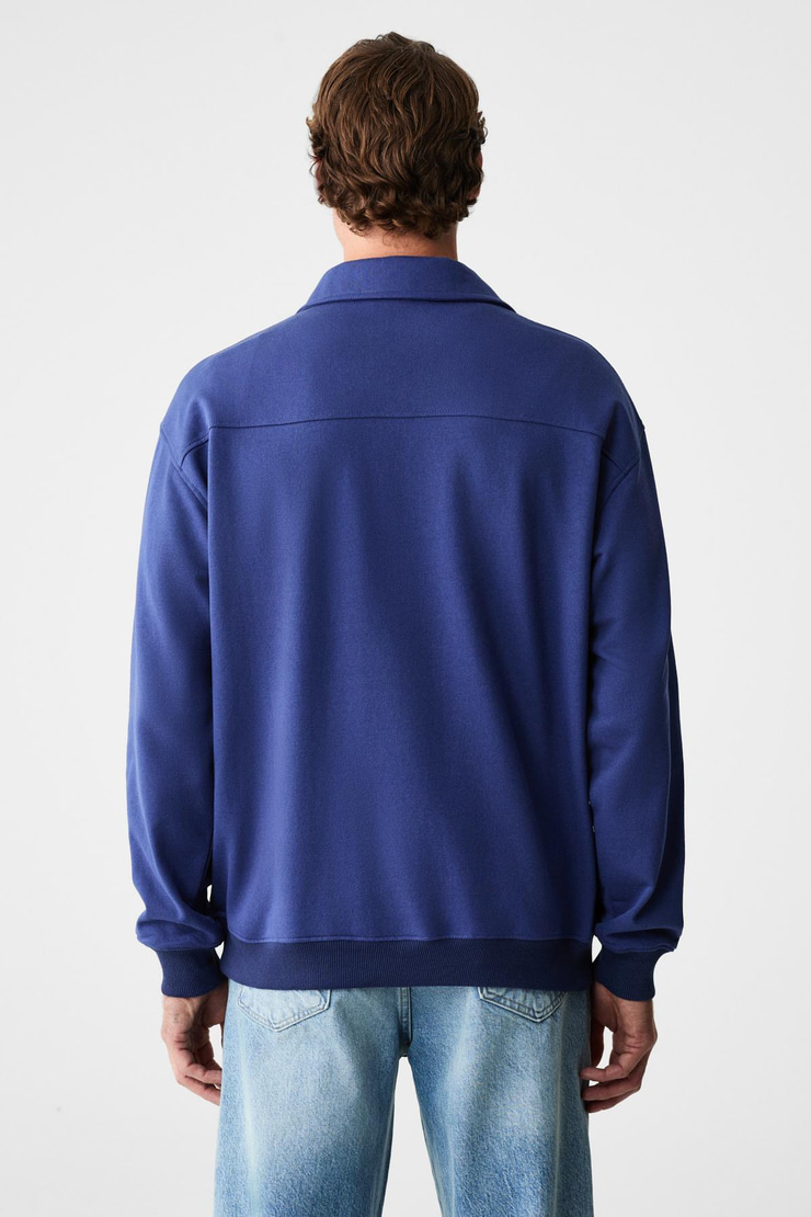 SHIFTD Erkek Bisiklet Yaka Uzun Kollu Fermuarlı İndigo Sweatshirt