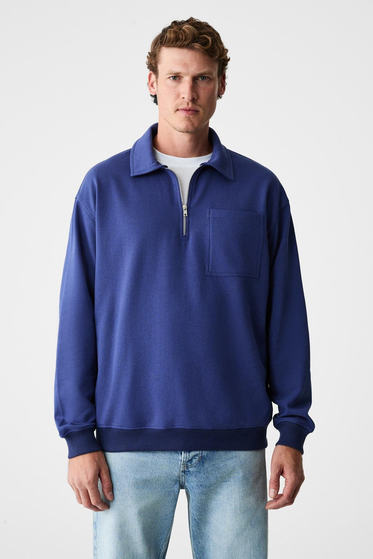 SHIFTD Erkek Bisiklet Yaka Uzun Kollu Fermuarlı İndigo Sweatshirt