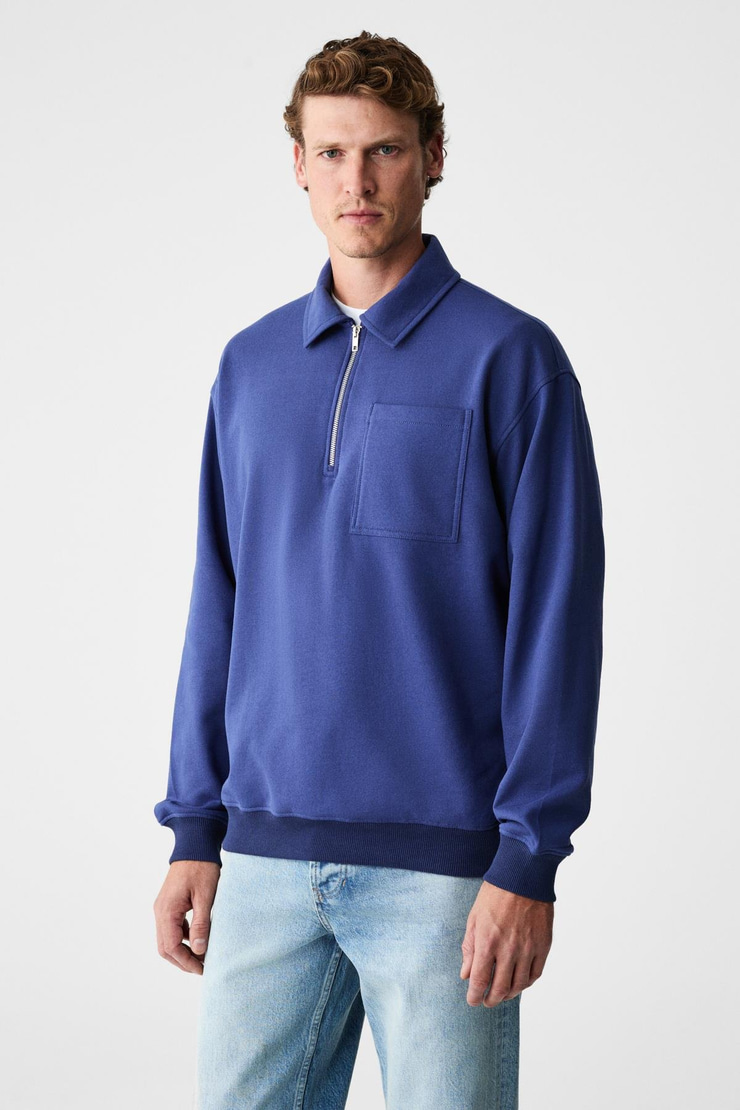 SHIFTD Erkek Bisiklet Yaka Uzun Kollu Fermuarlı İndigo Sweatshirt