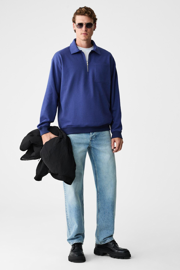 SHIFTD Erkek Bisiklet Yaka Uzun Kollu Fermuarlı İndigo Sweatshirt