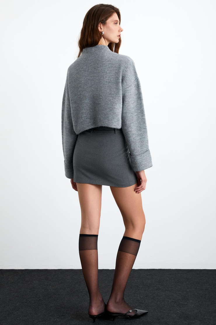 SİENA Kadın Hafif Yüksek Yaka Duble Kol Kontrast Parçalı Yumuşacık Pofuduk Triko Grimelanj Kazak