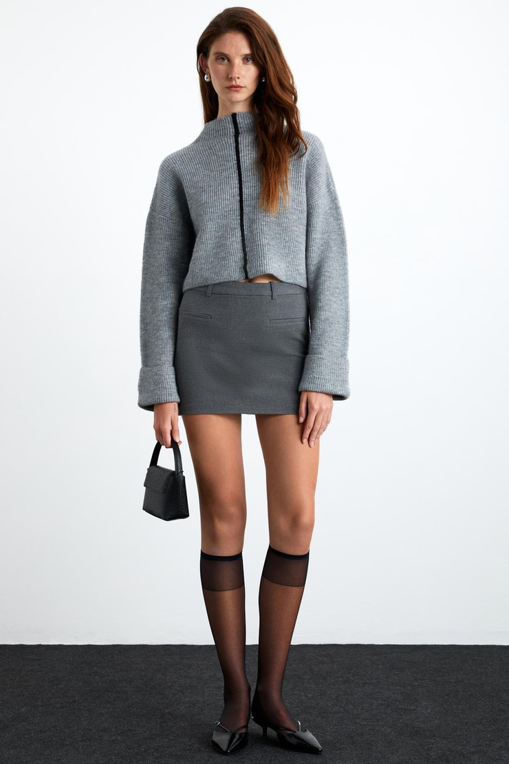 SİENA Kadın Hafif Yüksek Yaka Duble Kol Kontrast Parçalı Yumuşacık Pofuduk Triko Grimelanj Kazak