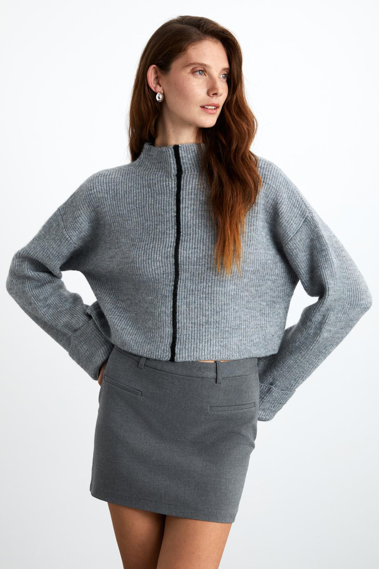 SİENA Kadın Hafif Yüksek Yaka Duble Kol Kontrast Parçalı Yumuşacık Pofuduk Triko Grimelanj Kazak