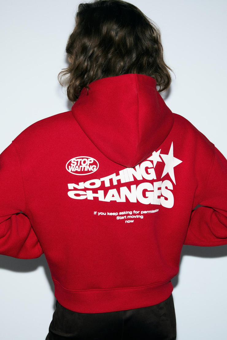 SILENT Kadın Kapüşonlu Organik Pamuklu İçi Polarlı Kangru Cepli Baskılı Nakışlı Kırmızı Sweatshirt