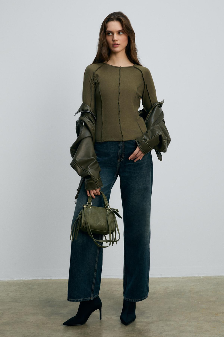 SIMORRE Kadın Kesik Detaylı Vücuda Oturan Nefes Alan Kumaşlı Slim Fit Haki Bluz