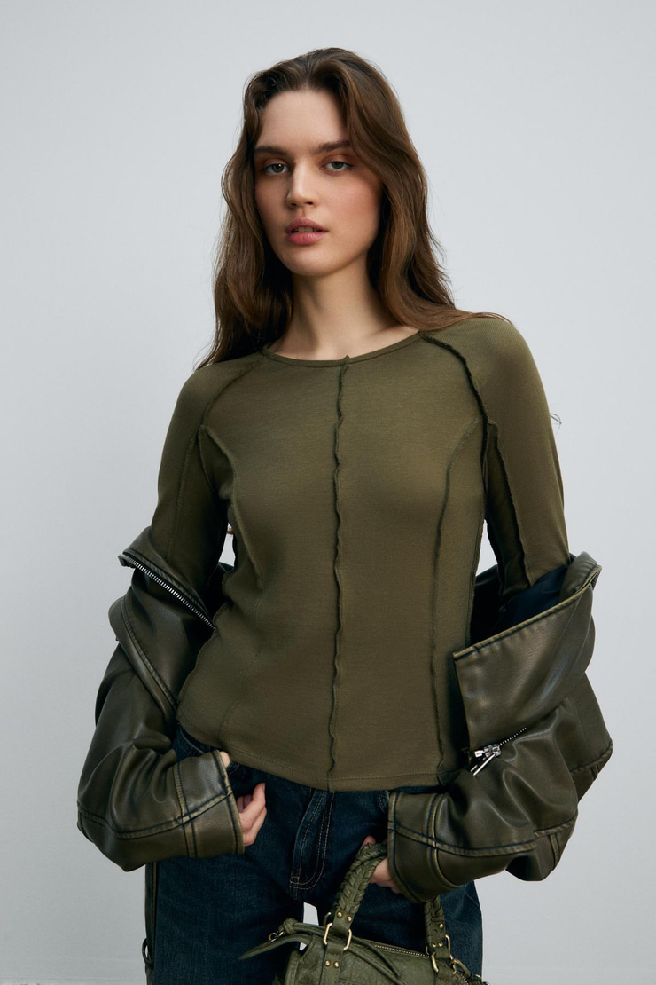 SIMORRE Kadın Kesik Detaylı Vücuda Oturan Nefes Alan Kumaşlı Slim Fit Haki Bluz