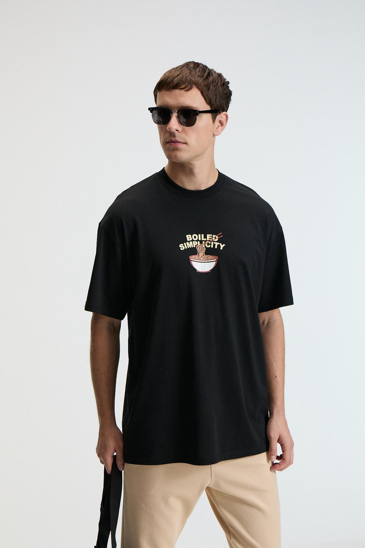 SNACK Erkek Oversize Fit %100 Pamuk Baskılı Yuvarlak Yaka Siyah T-Shirt