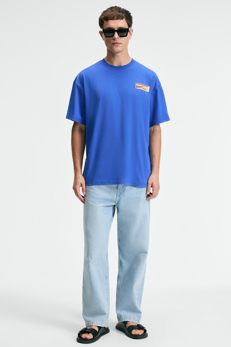 SNACK Erkek Oversize Fit %100 Pamuk Baskılı Yuvarlak Yaka Saks Mavi T-Shirt