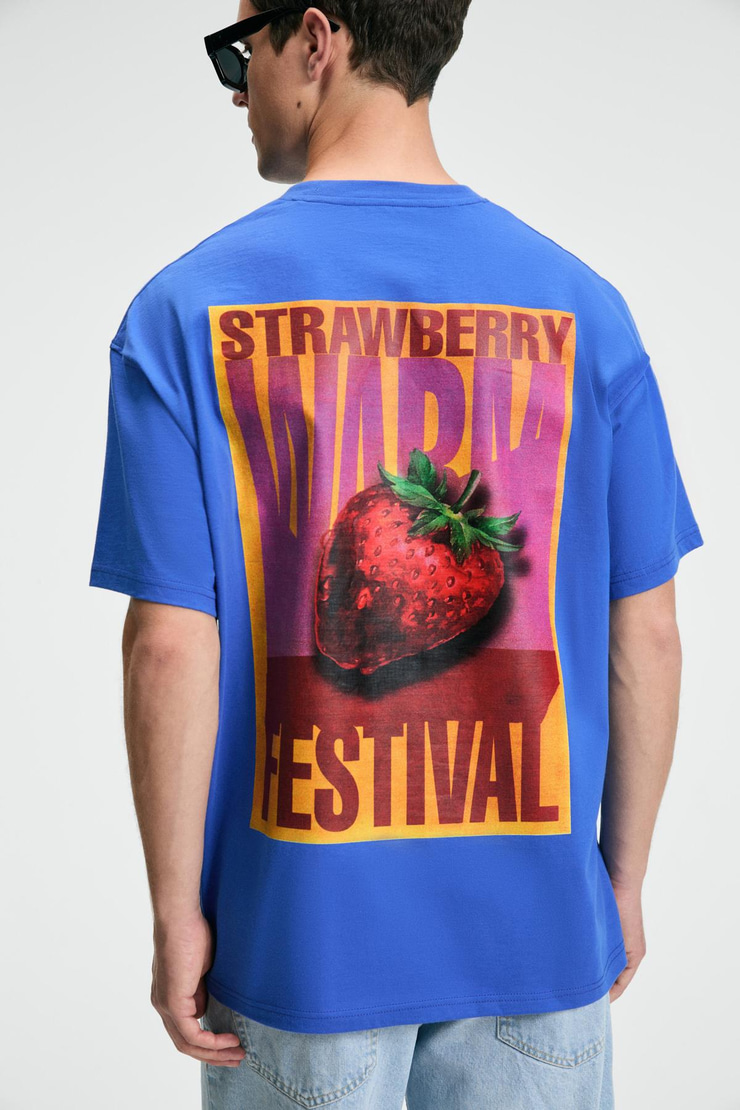 SNACK Erkek Oversize Fit %100 Pamuk Baskılı Yuvarlak Yaka Saks Mavi T-Shirt