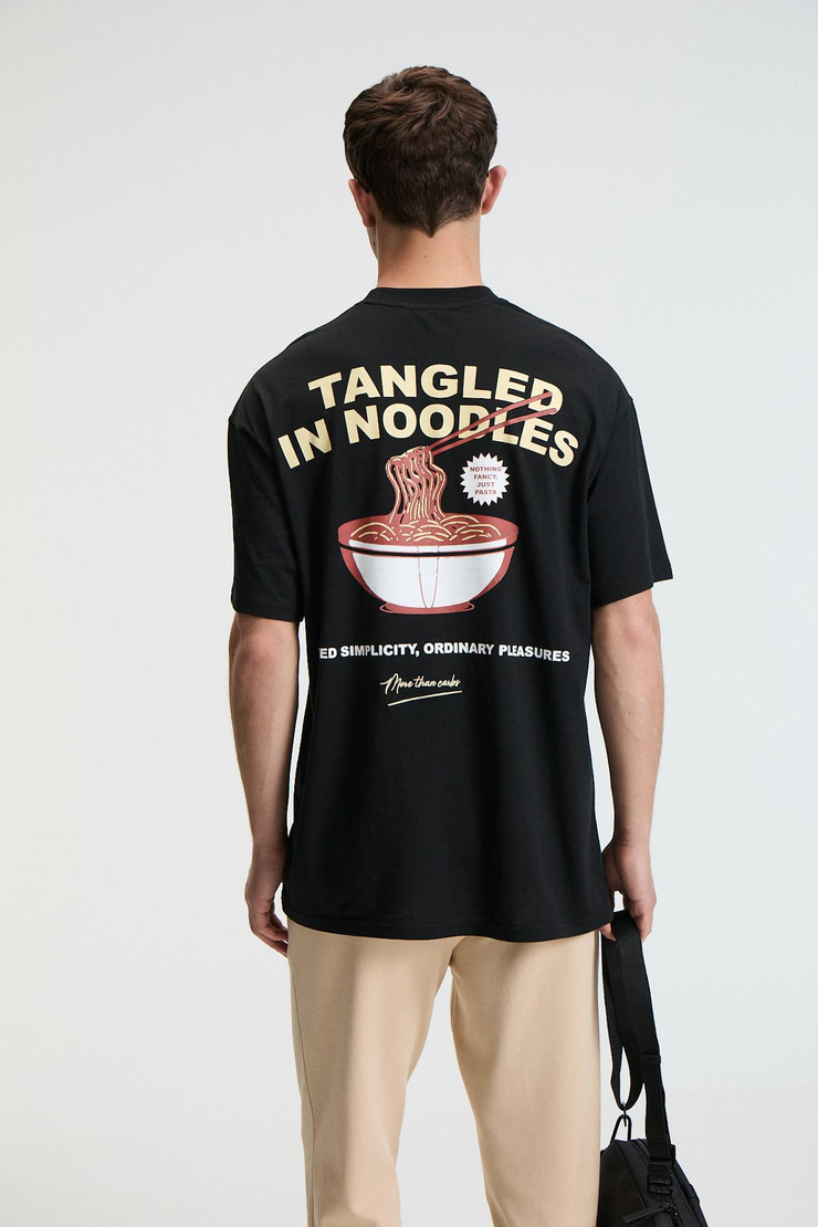 SNACK Erkek Oversize Fit %100 Pamuk Baskılı Yuvarlak Yaka Siyah T-Shirt