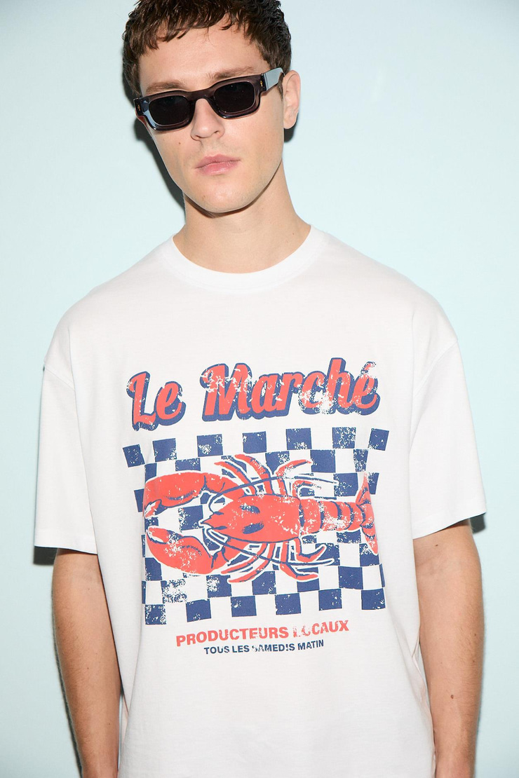 SNACK Erkek Oversize Fit %100 Pamuk Baskılı Yuvarlak Yaka Beyaz T-Shirt