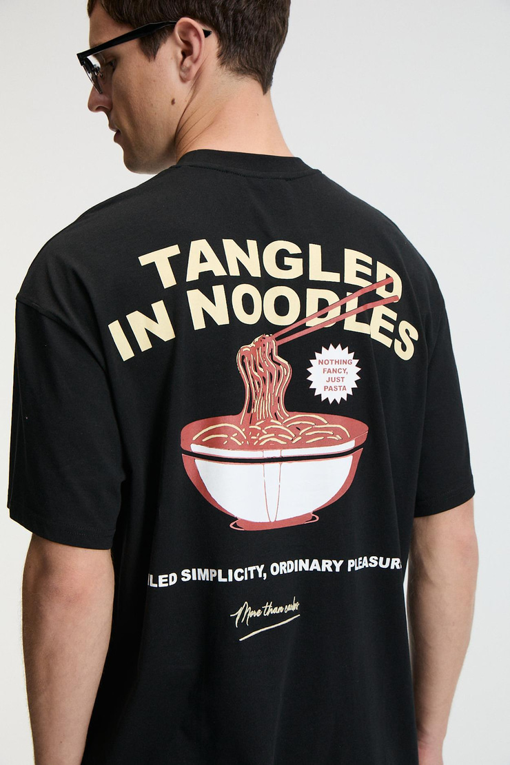 SNACK Erkek Oversize Fit %100 Pamuk Baskılı Yuvarlak Yaka Siyah T-Shirt