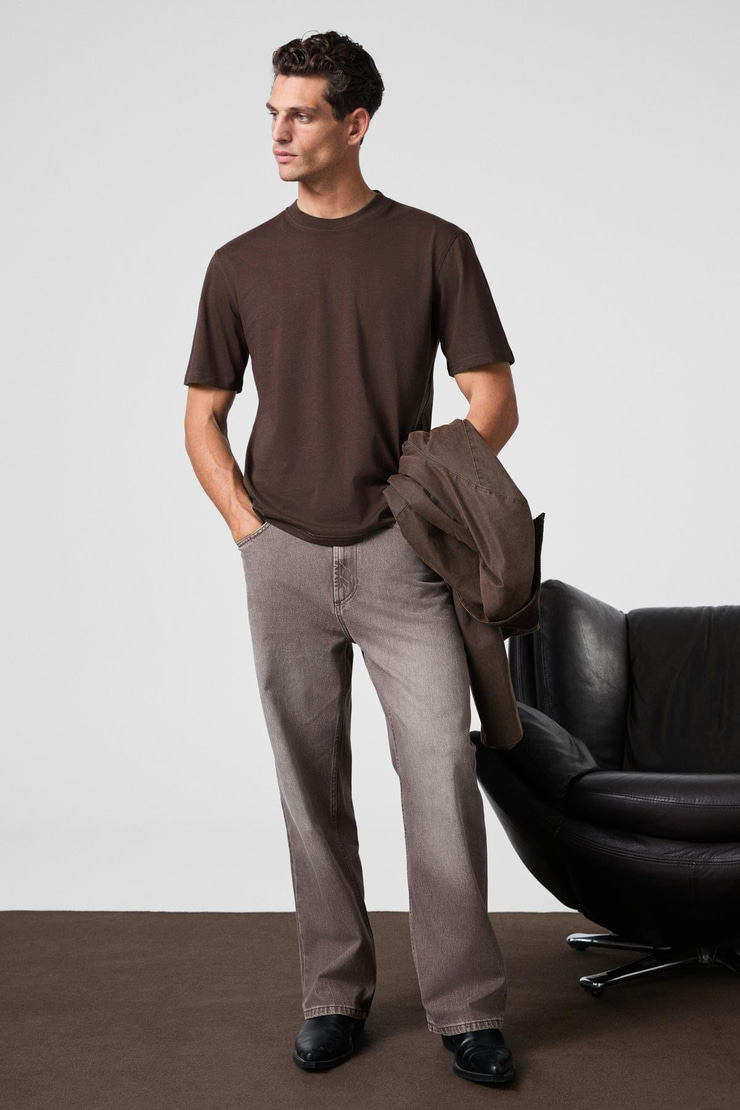 Solo Erkek %100 Organik Pamuklu Kalın Dokulu Comfort Fit Bisiklet Yakalı Kahverengi T-Shirt