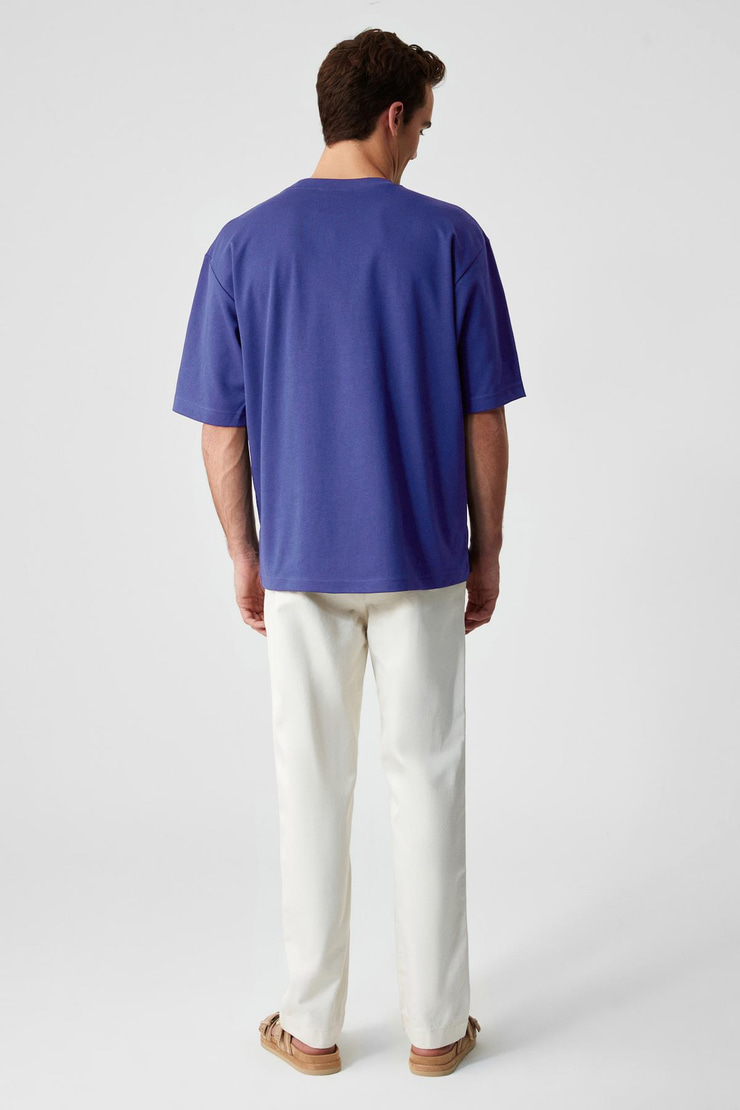 Solo Erkek %100 Organik Pamuklu Kalın Dokulu Comfort Fit Bisiklet Yakalı İndigo T-Shirt