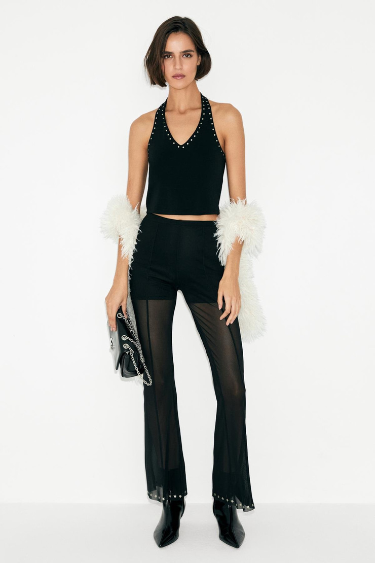 SOMBRAS Kadın Beli Lastikli İçi Şortlu Astarlı Paça Yıldız Taş Detaylı Transparan Tül Siyah Pantolon