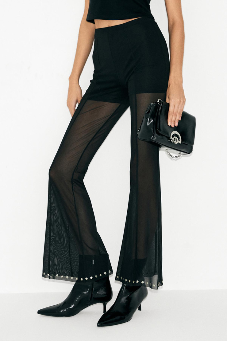 SOMBRAS Kadın Beli Lastikli İçi Şortlu Astarlı Paça Yıldız Taş Detaylı Transparan Tül Siyah Pantolon