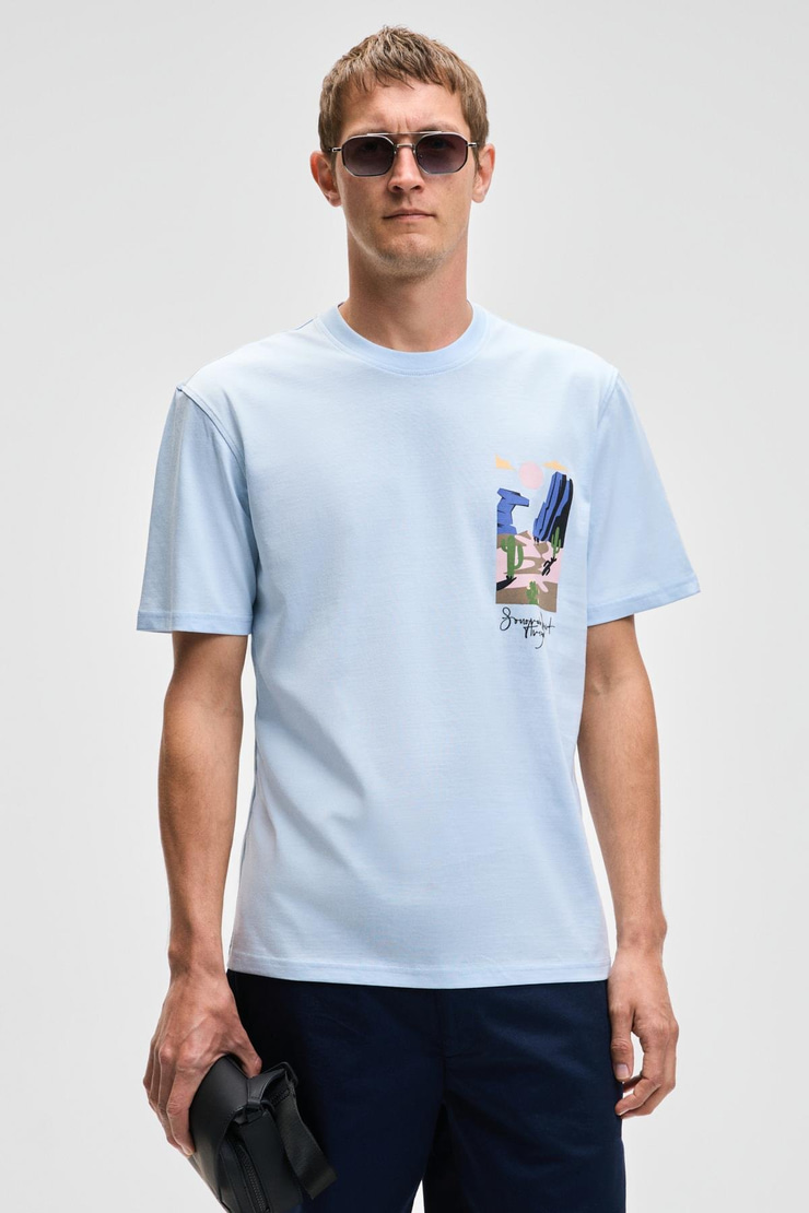 SONORA Erkek Baskı Detaylı %100 Organik Pamuk Regular Fit Kısa Kollu Mavi T-Shirt