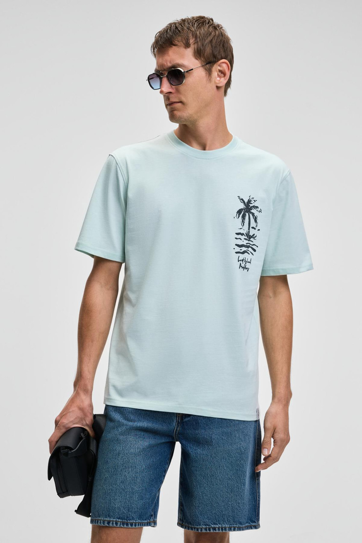 SONORA Erkek Baskı Detaylı %100 Organik Pamuk Regular Fit Kısa Kollu Açık Yeşil T-Shirt