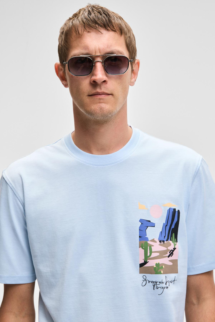 SONORA Erkek Baskı Detaylı %100 Organik Pamuk Regular Fit Kısa Kollu Mavi T-Shirt