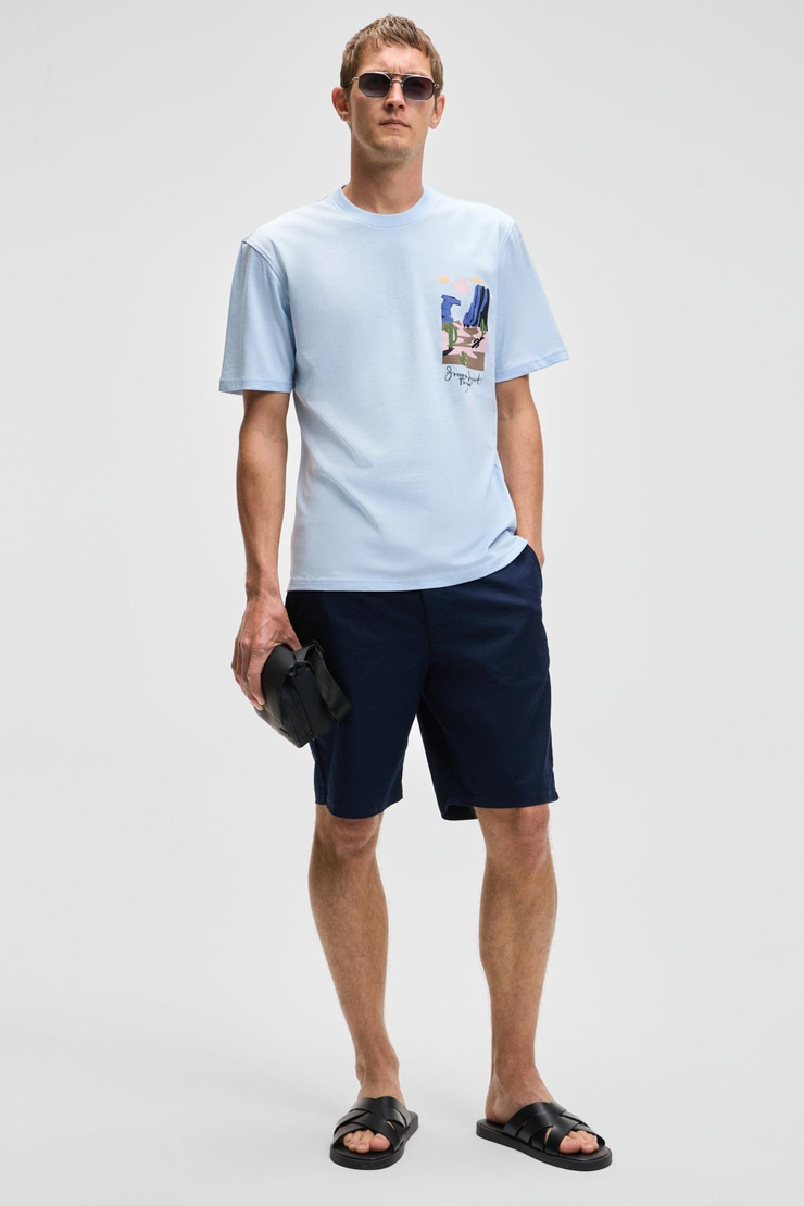 SONORA Erkek Baskı Detaylı %100 Organik Pamuk Regular Fit Kısa Kollu Mavi T-Shirt