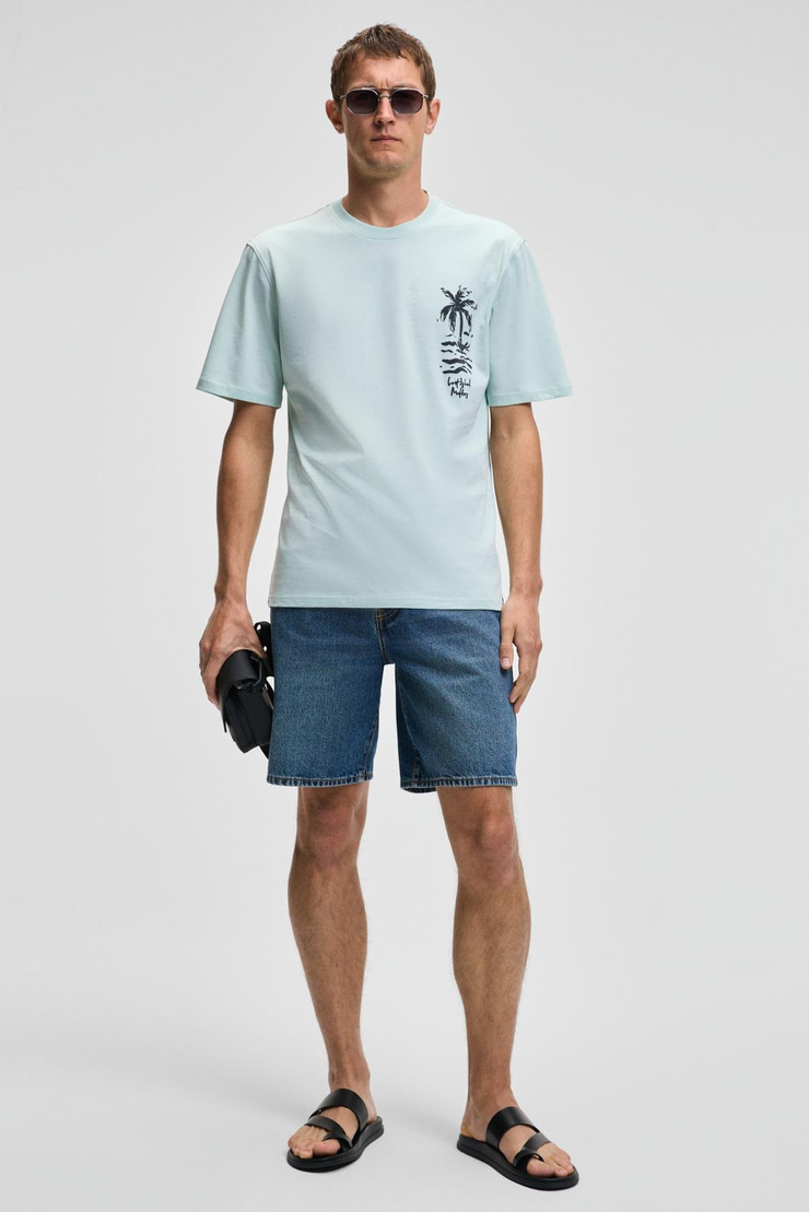 SONORA Erkek Baskı Detaylı %100 Organik Pamuk Regular Fit Kısa Kollu Açık Yeşil T-Shirt